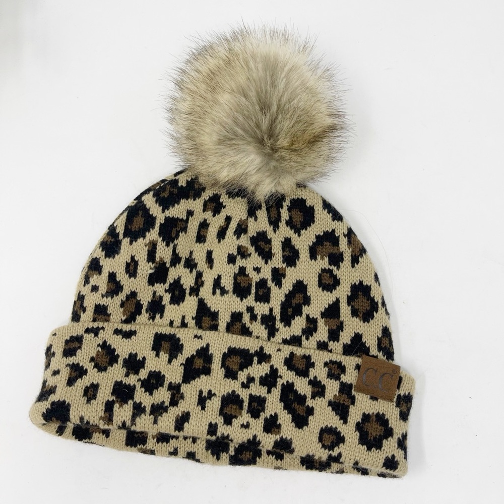 Girlie Girl CC Leopard Animal Print Beanie with Faux Fur Pom